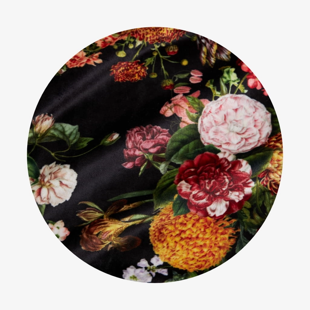 Circular close-up of the black velour botanical floral print fabric